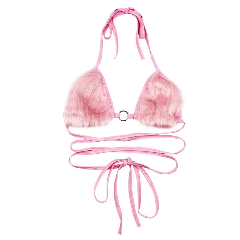 ZGMYC Women Rave Fluffy Fur Triangle Sleeveless Bra Crop Top Sexy Strappy Halter Bandage Camisole for Dance Festival Clubwear Pink, One Size - Image 4